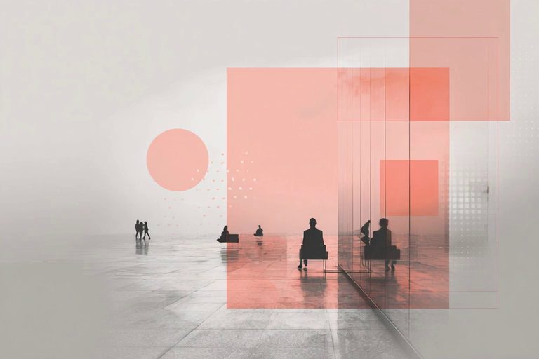 Silhouetted figures in a minimal architectural space