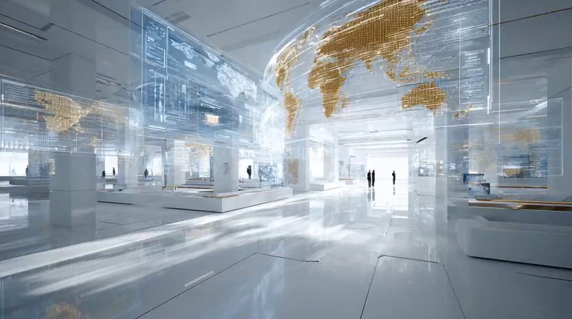 Futuristic glass interior with a glowing world map