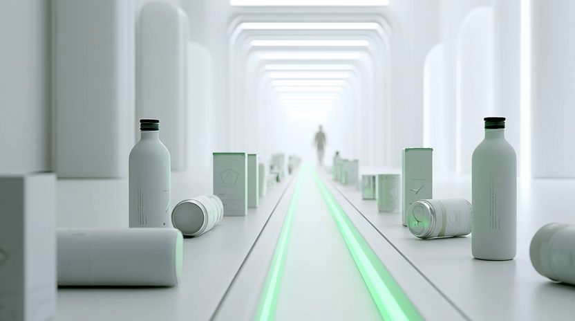 Bottles, cans and cartons along a glowing green path in a white gallery hall